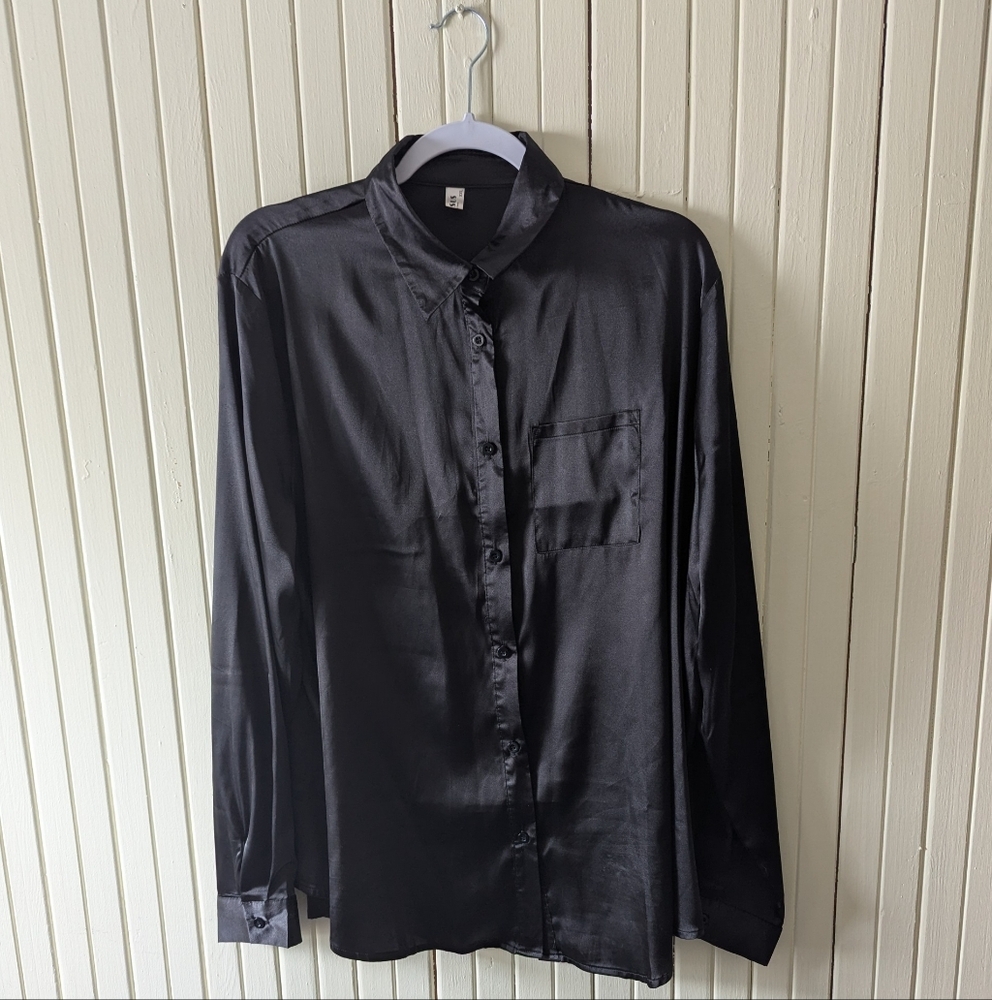 Women's Black Button Down Shirt Satin Finish Size XXL By Pausus Boutique